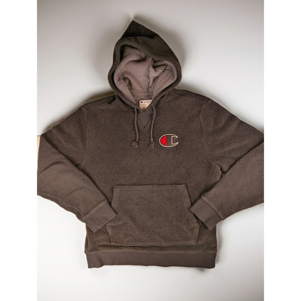 Champion Sherpa Fleece Hoodie Men's Black Big C Logo Pullover Sweatshirt